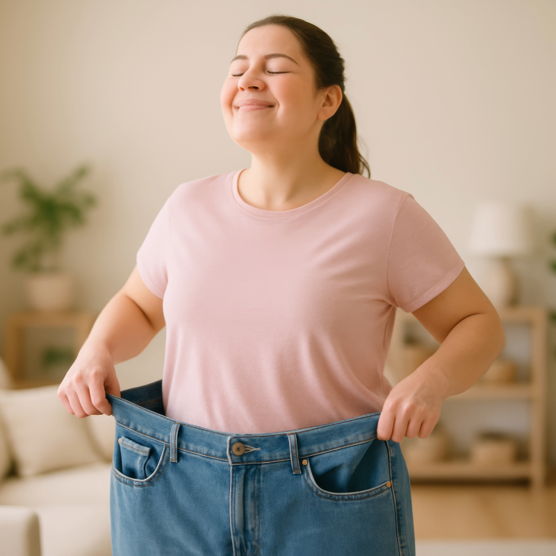 happy woman with oversized pants
