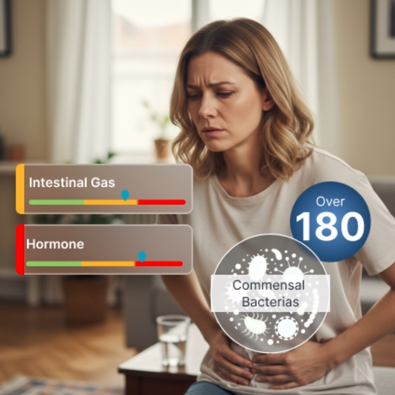 woman clutching her stomach.